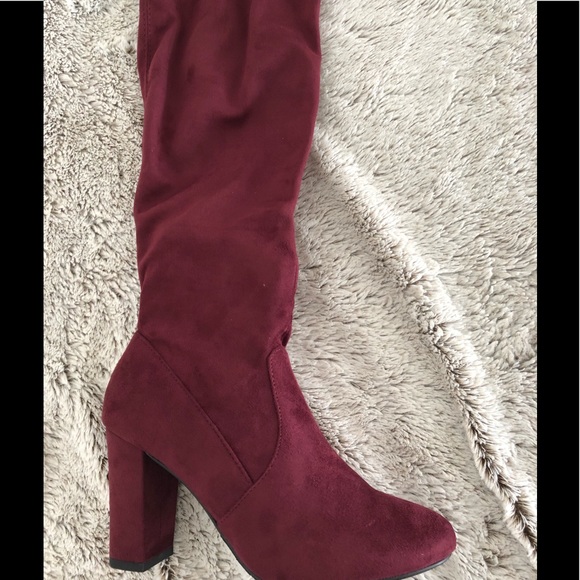 Vino Red over the knee block heel back tie boot - Picture 5 of 7